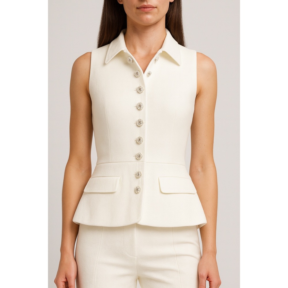 Self-Portrait Ivory Sleeveless Peplum Vest with Decorative Buttons | NEW W/Tags